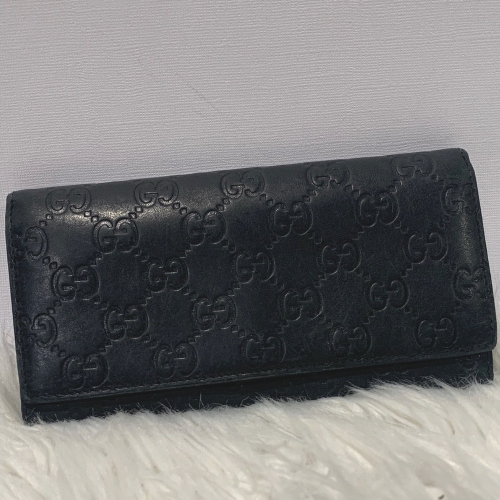 Gucci GG Signature Monogram Embossed Black Leather Long Flap Wallet
